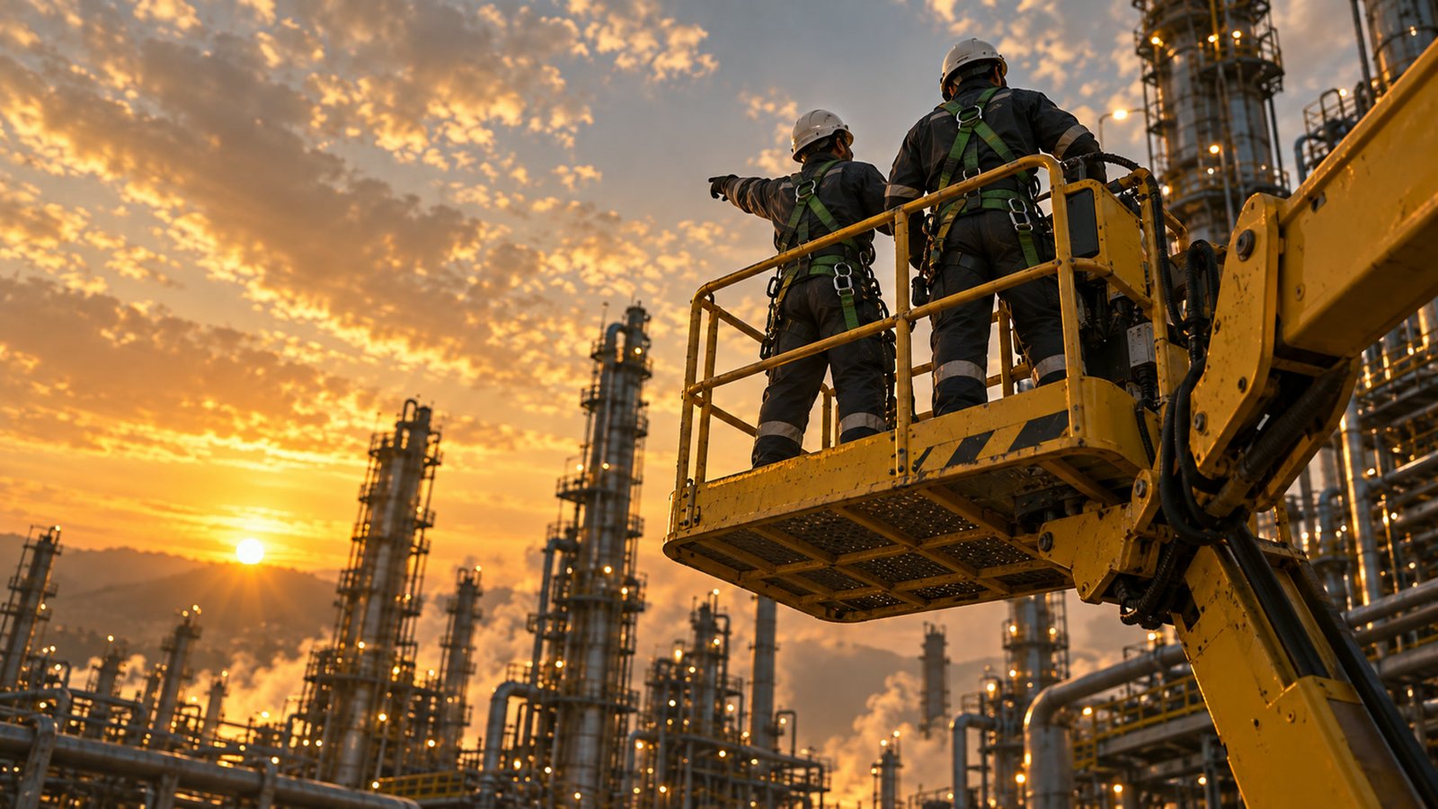 Técnicos em plataforma elevatória industrial